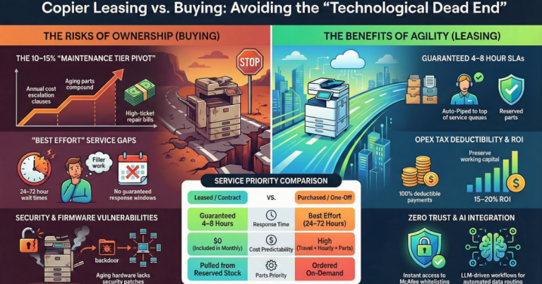 Infographic for Augusta businesses comparing copier ownership risks like high repair bills versus leasing benefits like 4-8 hour SLAs.