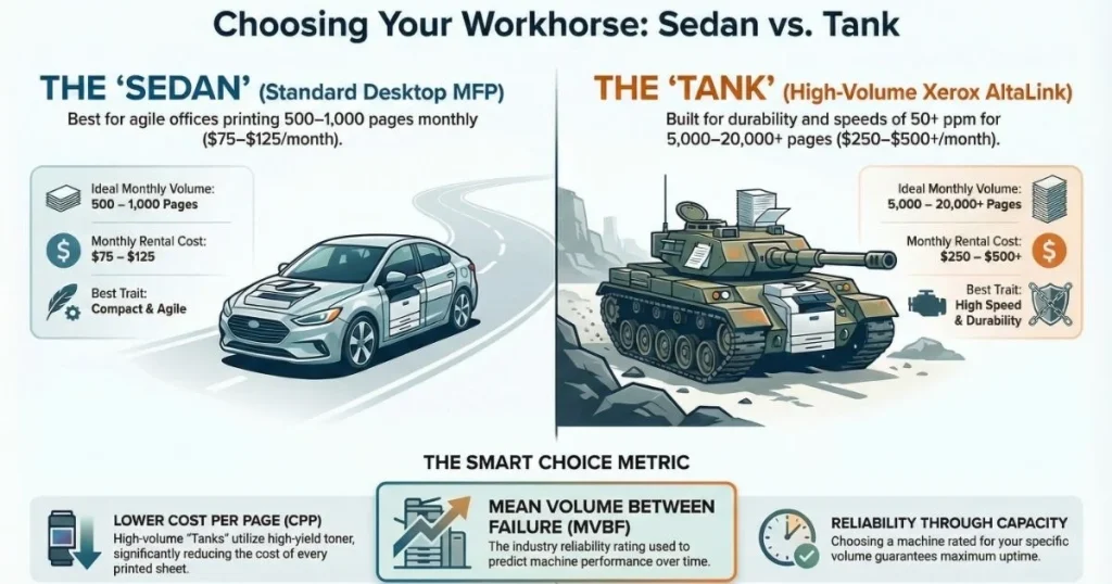 A visual comparison for Augusta business owners between compact desktop MFPs and high-volume Xerox AltaLink "tanks" based on monthly page volume.