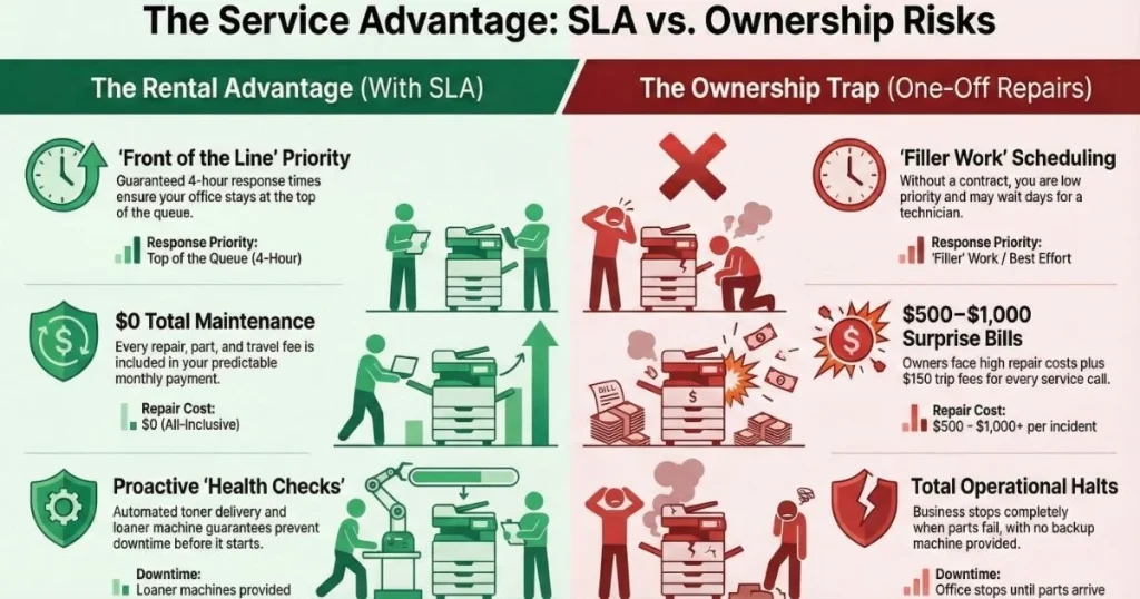 Comparison chart for Augusta offices showing rental benefits like 4-hour response times versus ownership risks like $1,000 repair bills.