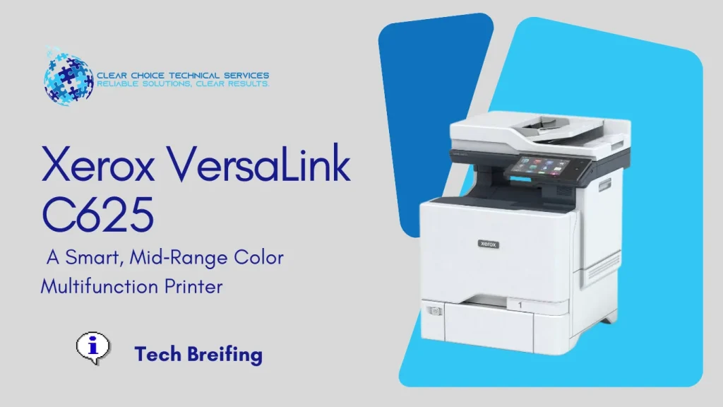 Xerox VersaLink C625 color multifunction printer with a tablet-like touchscreen interface serving offices in Augusta, Maine.