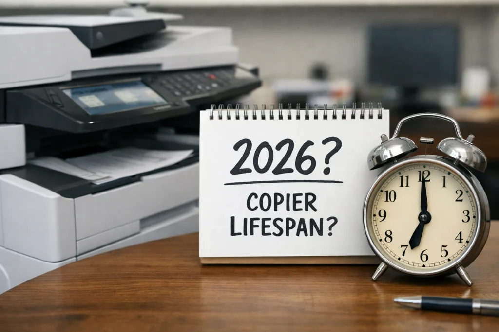 A desktop calendar and alarm clock next to a modern office copier questioning the average machine lifespan for Augusta businesses in 2026.
