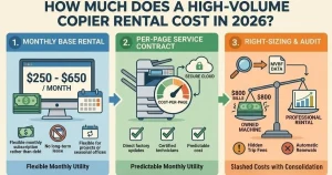 Infographic showing an Augusta Copier Rental Cost between $250 and $650 per month, featuring flexible monthly subscriptions and no long-term debt.
