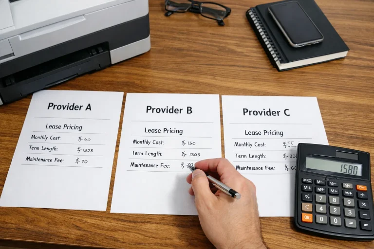 A business professional in Augusta comparing copier lease pricing quotes from three different providers with a calculator and office hardware.