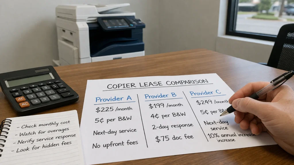 A handwritten checklist next to a copier lease pricing comparison sheet highlighting overages, service response times, and hidden documentation fees.