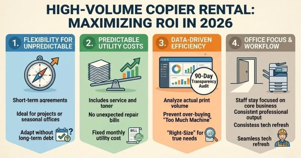 Four-step guide to maximizing ROI and managing Copier Rental Cost in Augusta through 90-day transparency audits and data-driven efficiency.