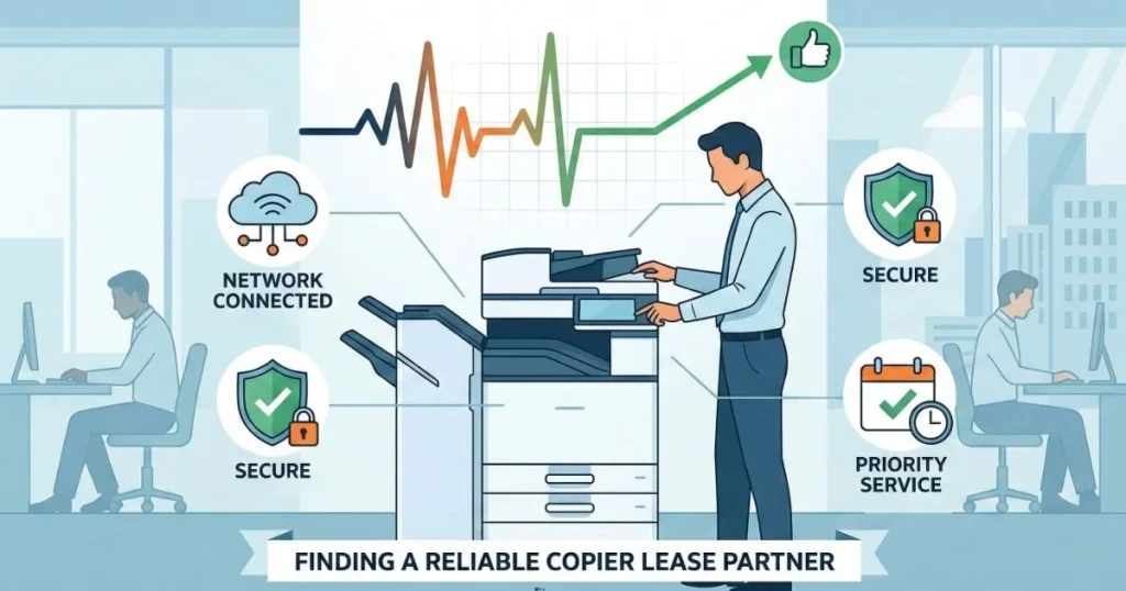 A professional technician providing a Reliable Copier Lease in Augusta, featuring 4-hour SLAs, secure network connectivity, and priority service.