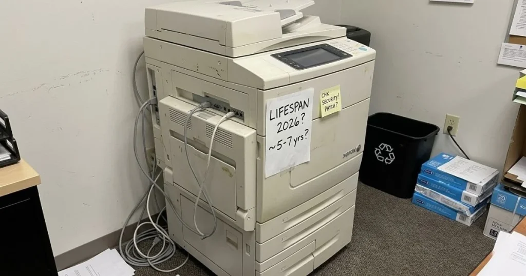An older Xerox copier in an Augusta office corner with a handwritten note regarding its 2026 lifespan and security patch requirements.