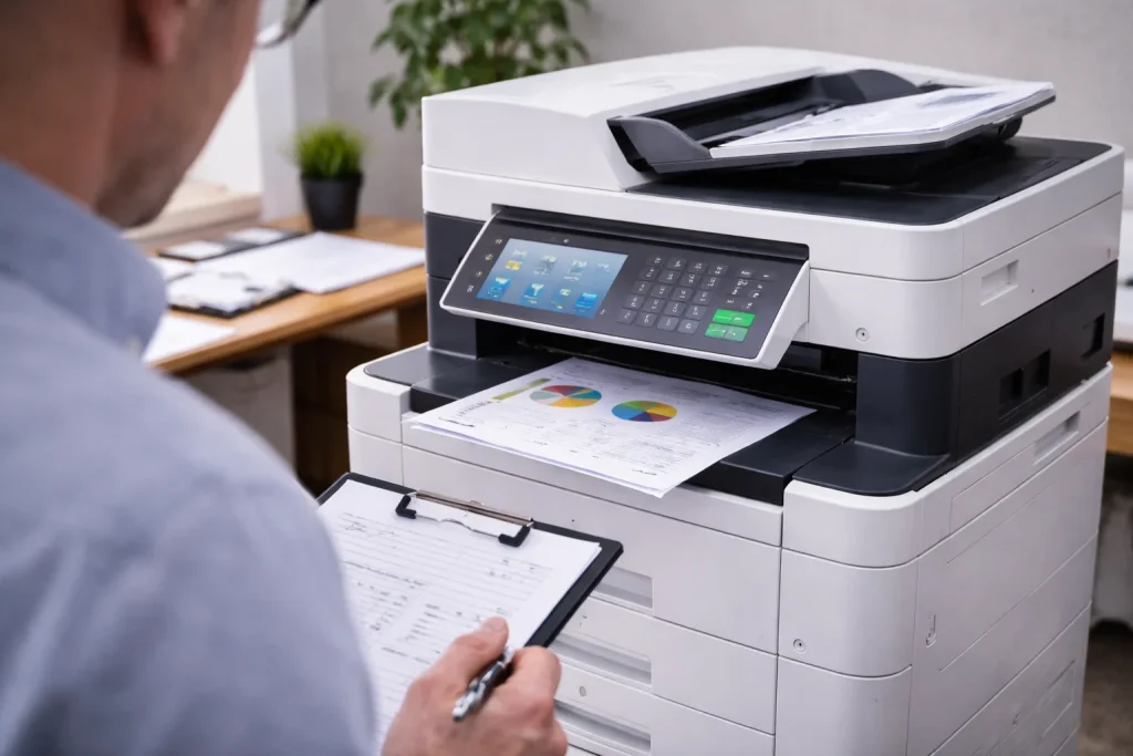 An office worker in Augusta reviewing high-quality color charts from enterprise-grade multifunction copiers.