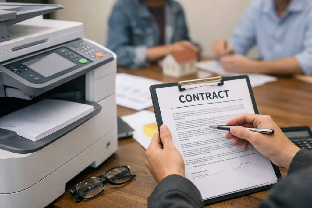 A close-up of a business professional reviewing an Augusta copier lease contract to avoid traps.