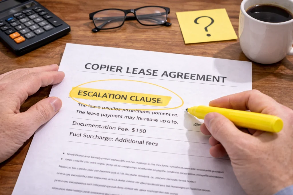 Hand highlighting a clause in an Augusta Copier Lease Agreement to ensure all terms are understood.