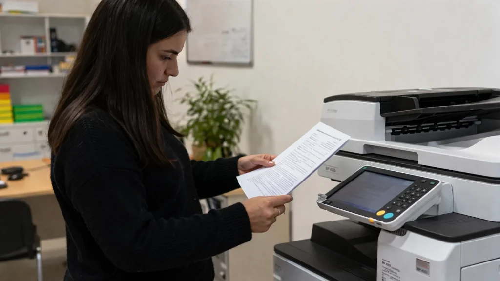 A woman standing by an office copier reviewing a document for Augusta copier lease traps.
