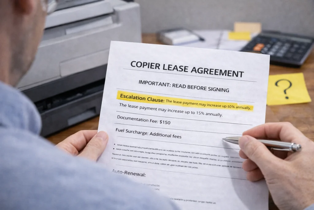 Person reviewing the "Important: Read Before Signing" section of Augusta Copier Lease Agreements.