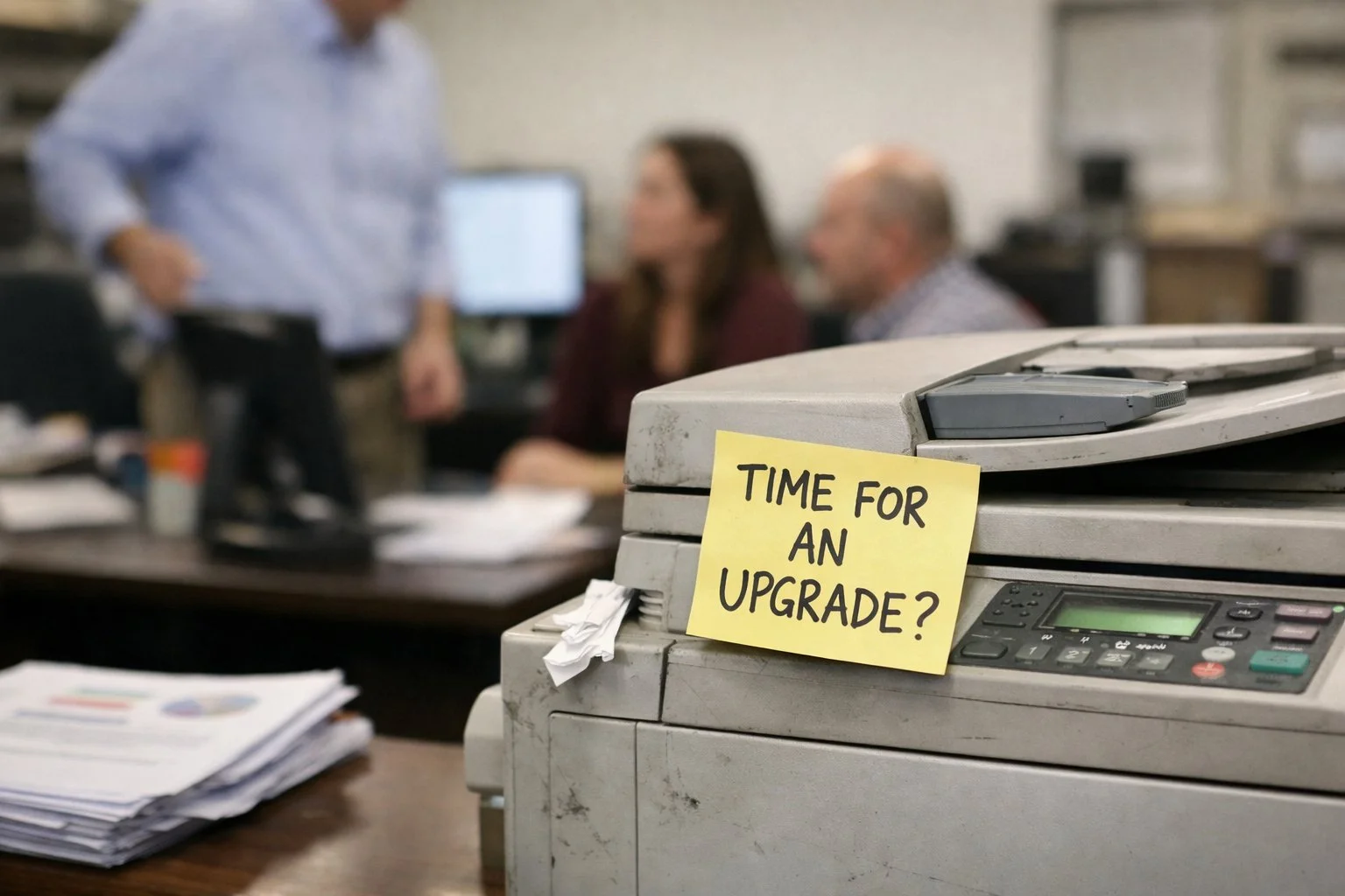 A dusty office printer with a yellow sticky note asking "Time for an upgrade?" in an Augusta office.