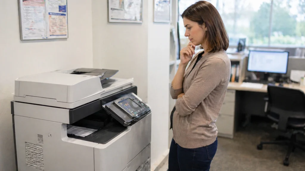 Business woman standing beside an office copier thinking about whether to buy or lease in Augusta GA