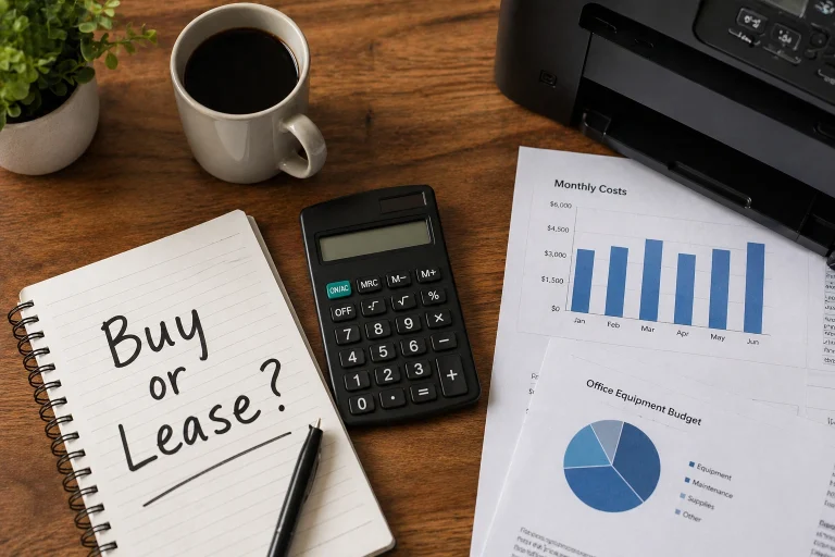 Notepad with "Buy or Lease?" written next to monthly cost charts and a printer for Augusta GA businesses