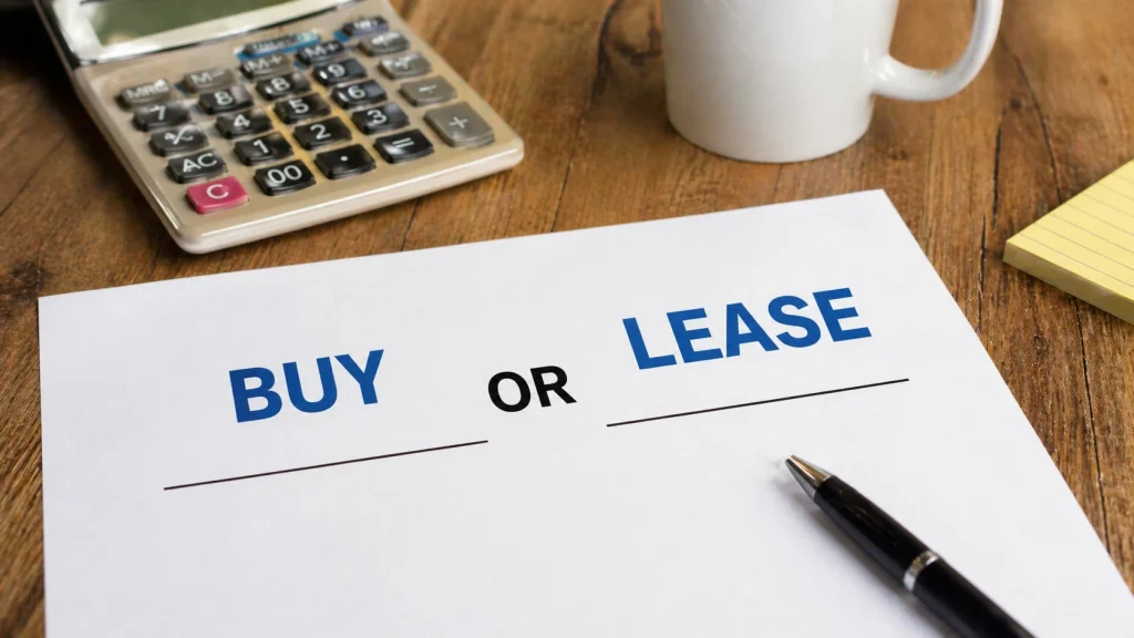 Buy or lease a copier decision document on a desk with a calculator for Augusta GA businesses