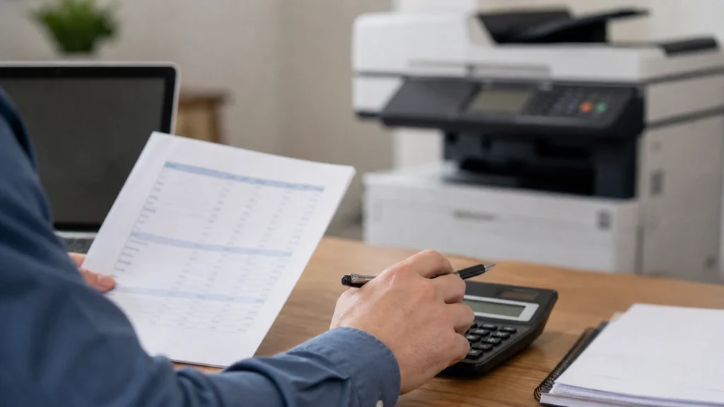 A small business owner using a calculator to determine Augusta copier lease costs.