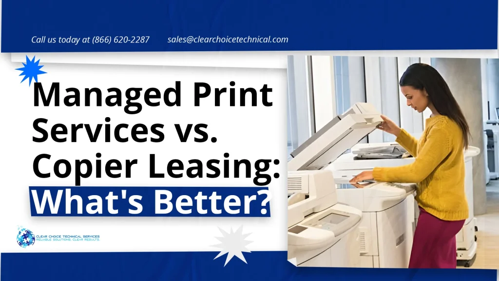 Woman operating an office multifunction copier while comparing leasing and managed print service options in Augusta