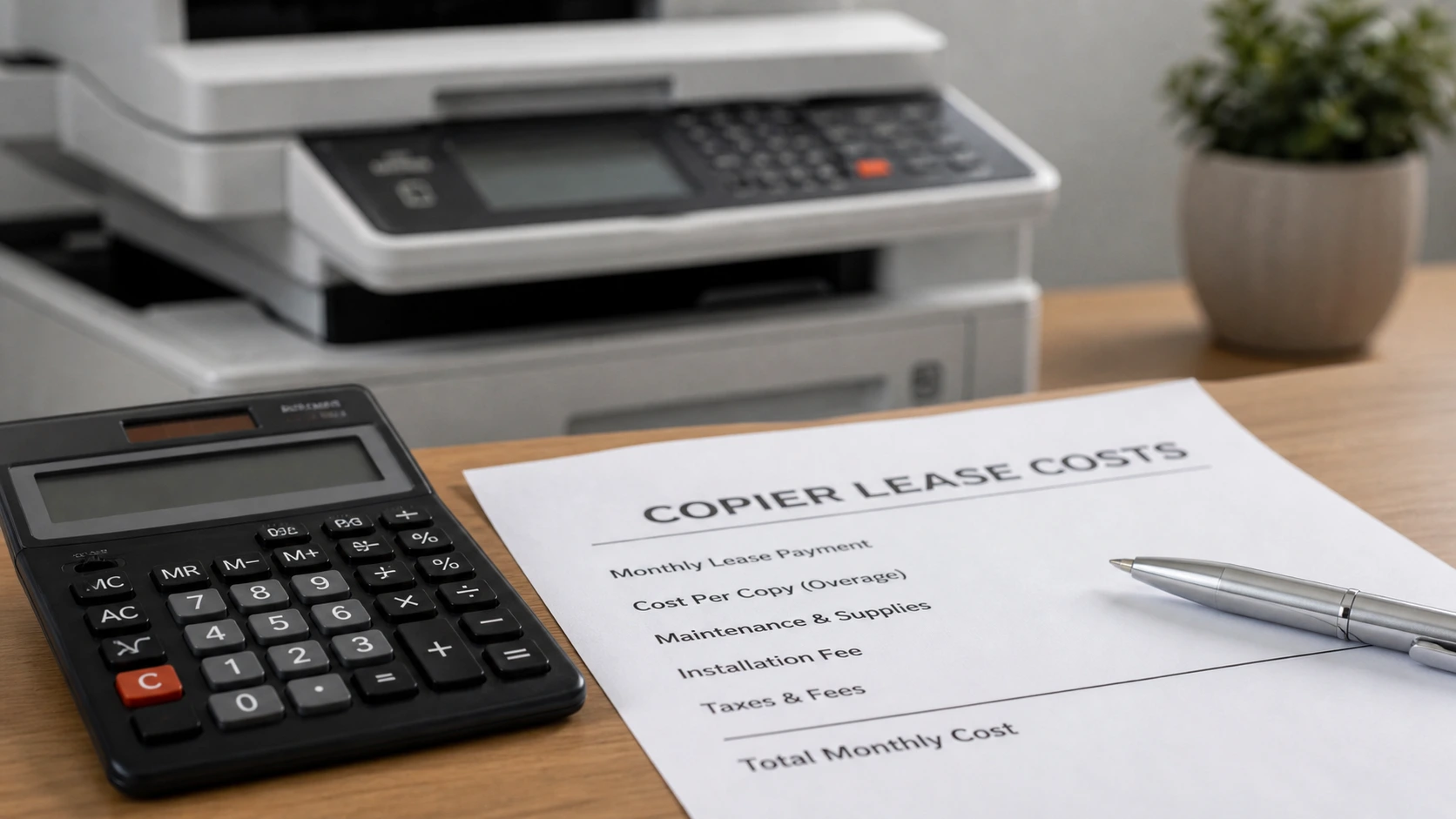 A document on a desk listing Augusta copier lease costs including maintenance and fees.