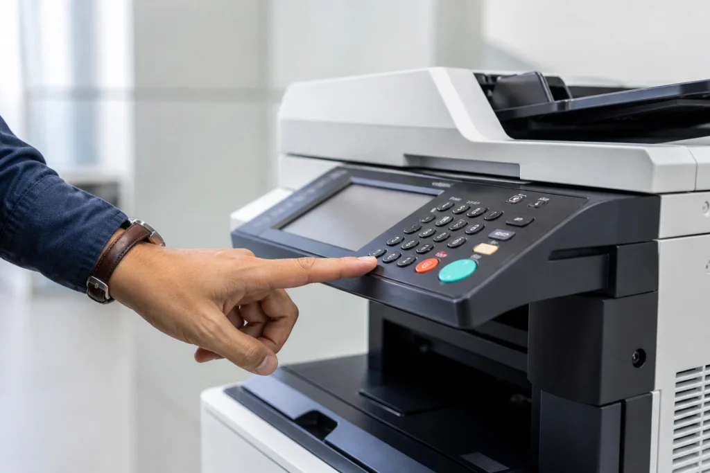 A person operating an office printer to manage Augusta copier lease costs.