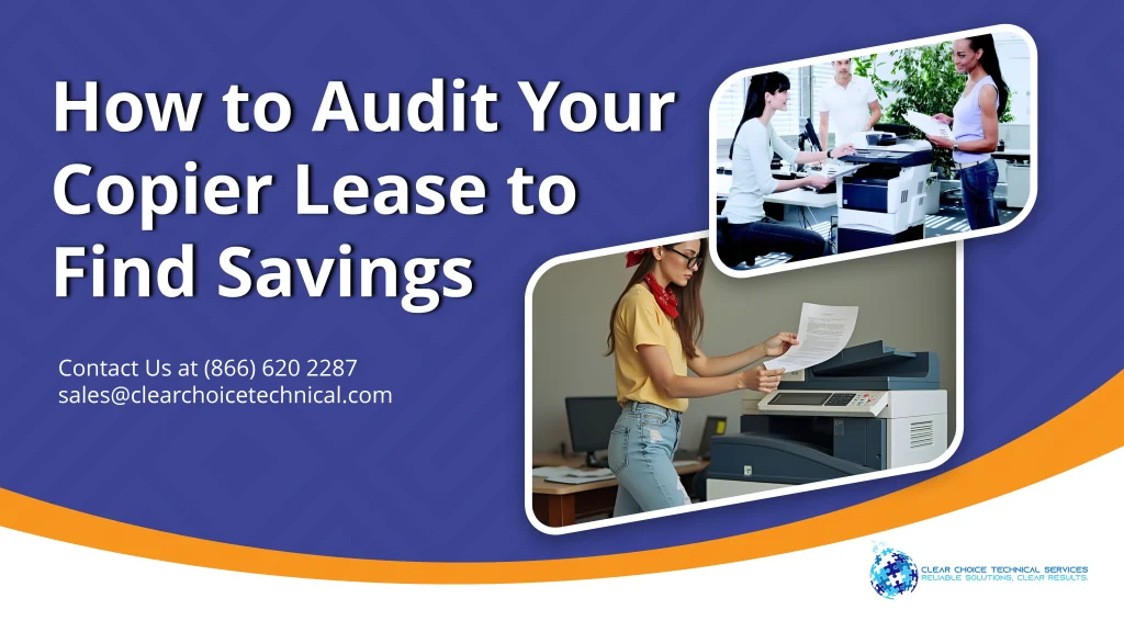 Augusta office team reviewing copier usage and printed documents to audit their copier lease and find savings