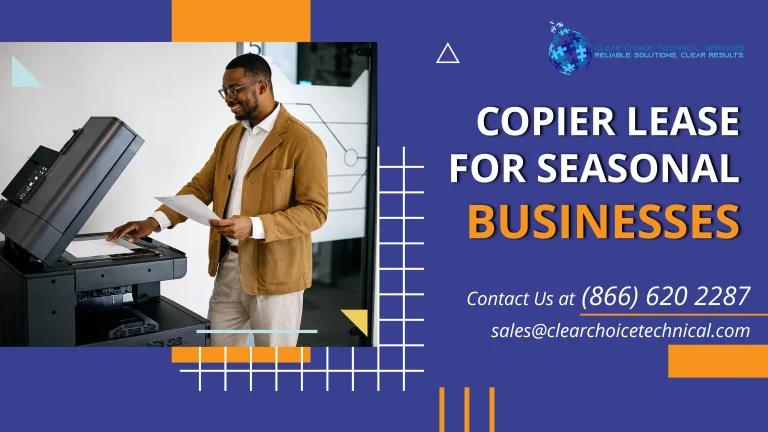 Business banner titled "COPIER LEASE FOR SEASONAL BUSINESSES" showing a professional man in a tan blazer operating an office scanner.