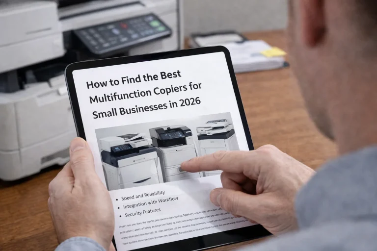 A business professional in Augusta, Maine using a tablet to configure multifunction copiers for cloud scanning and remote printing.