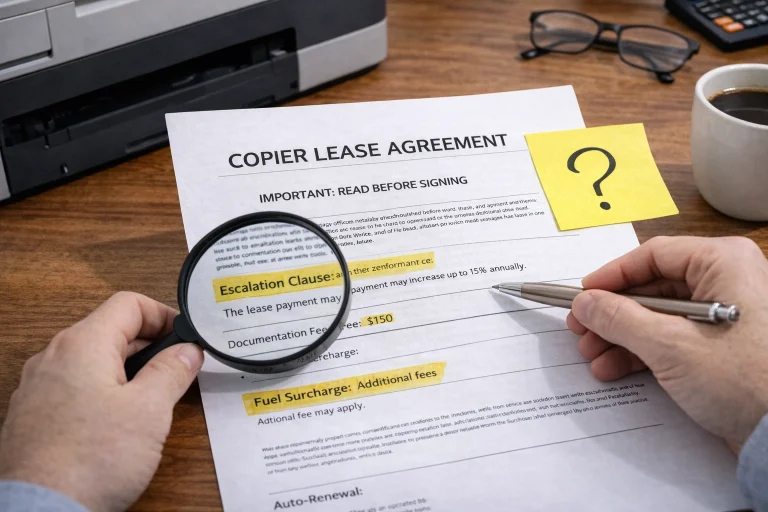 A business owner using a magnifying glass to inspect the fine print of Augusta Copier Lease Agreements.